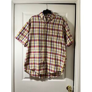 Honors Mens Vintage 1986 Plaid Short Sleeve Button Down Shirt Yellow Purple Med